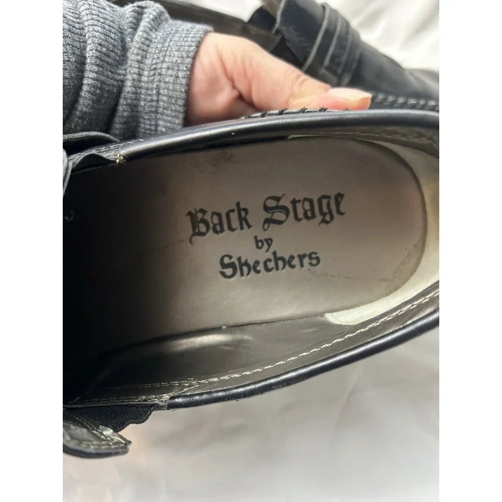 Vtg Back Stage by Skechers 69506 Men 11‎ Black Leather Loafers Crest Y2K Grunge